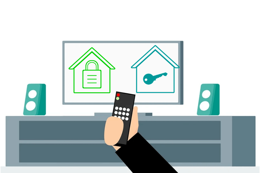 Man sieht ein Wohnzimmer mit verschiedenen smarten Geräten, darunter ein Smart-TV, smarte Türen, ein Saugroboter und ein Luftreiniger.